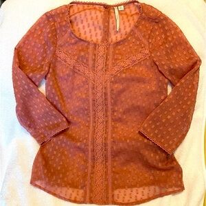 Lauren Conrad blouse pink lace top LC dress shirt, buttons down back XS